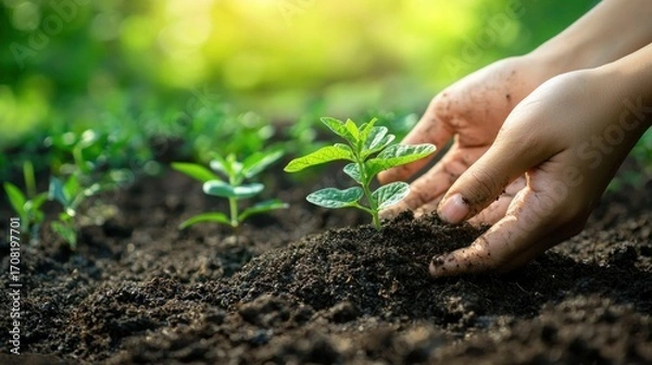 Fototapeta Two hands planting a seedling in a garden. The concept of environmental conservation and sustainable farming.