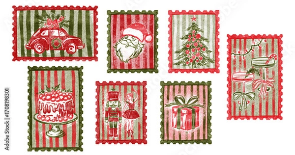 Fototapeta Set of vintage Christmas stamps with Santa, Nutcracker, and festive elements. Hand-drawn retro holiday postage stamp illustrations isolated on white background