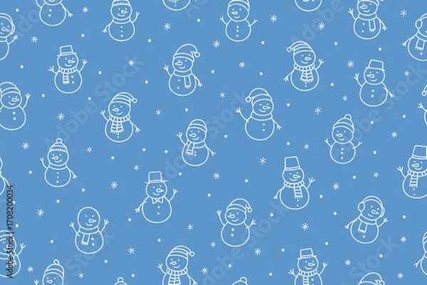 Fototapeta Seamless pattern of cute snowmen in doodle style. White snowmen on blue background. Design for holiday themes, kids projects, packaging