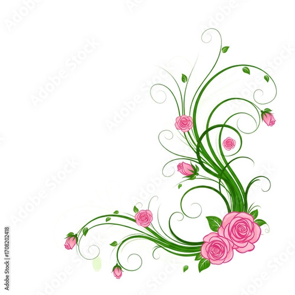 Obraz Ornate pink roses and green vines flourish in a decorative corner flourish design floral isolated on a white transparent background png file download.

