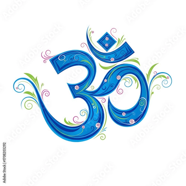 Obraz Ornate Blue Om Symbol With Swirling Green And Pink Accents hindu spiritual isolated on a white transparent background png file download.
