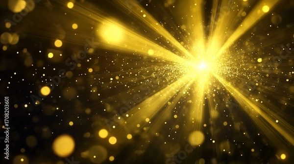 Fototapeta form. Dramatic golden light beams shining through darkness, creating an abstract bokeh effect. event key visuals, club posters, designed for sports event promotions and stadium branding.