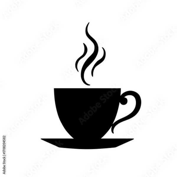 Fototapeta Minimalist black silhouette of a coffee cup with steam on a white background