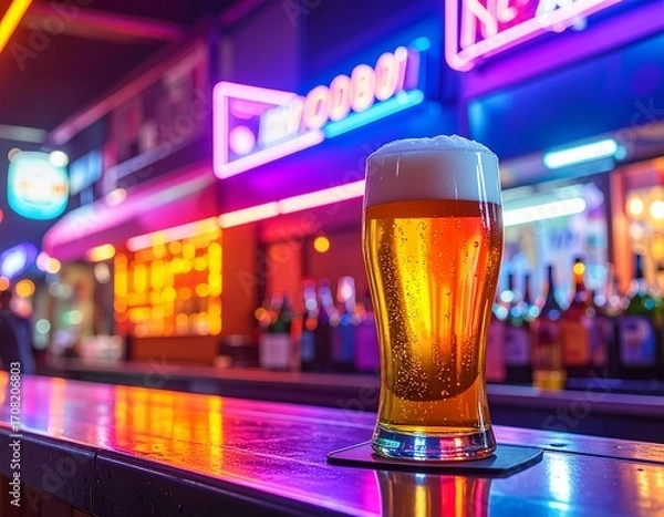Fototapeta a glass of beer with colorful, set on a neon-lit counter with glowing signage in the background,