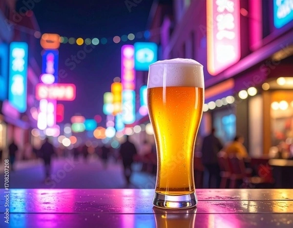 Fototapeta a glass of beer with colorful, set on a neon-lit counter with glowing signage in the background,
