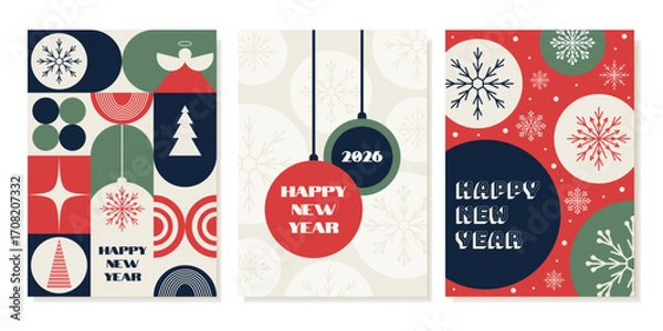 Fototapeta Christmas Greeting Cards In Modern Retro Minimalist Geometric Style. Vector Templates