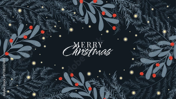 Fototapeta Christmas Banner On A Dark Background With Winter Thuja Branches and glowing lights. Vector template for greetings, postcards, web banners
