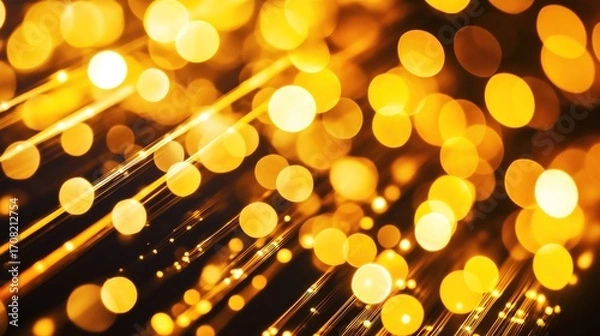 Fototapeta form. Dramatic golden light beams shining through darkness, creating an abstract bokeh effect. event key visuals, club posters, designed for sports event promotions and stadium branding.