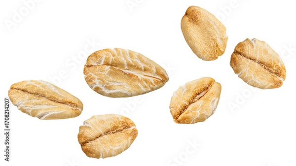 Fototapeta Flying Oat flakes heap isolated on white background. .Levitating Rolled oat flakes Top view. Flat lay
