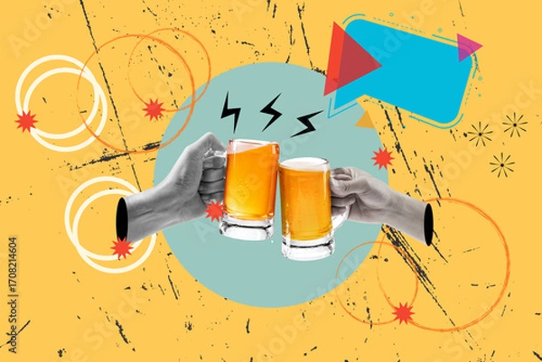 Fototapeta Collage of a woman and man hands toasting with beer glasses on a yellow background with speech bubble and colored circles