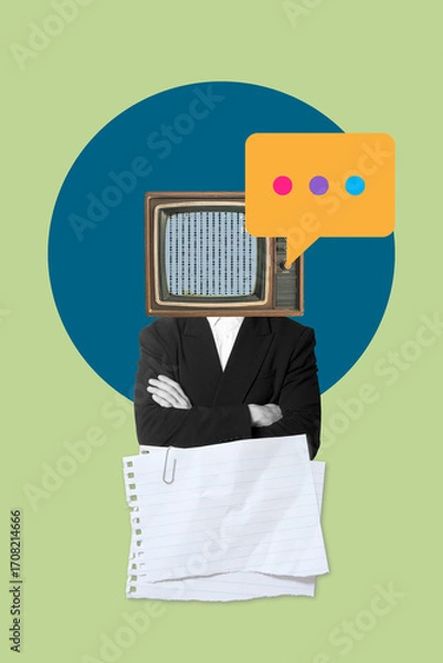 Fototapeta Collage of a man with arms crossed and a television on the head on a blue circle on a green background with two sheets of paper