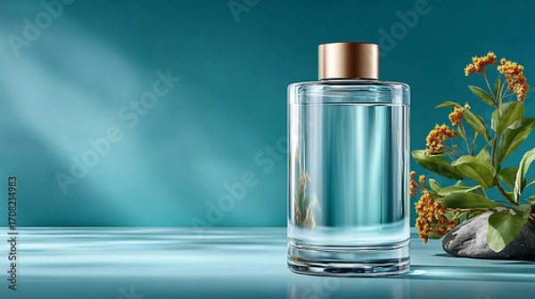 Fototapeta Transparent glass perfume bottle, filled with beautiful blue liquid, exudes elegant luxury. Minimalist cosmetic fragrance product conveys clean