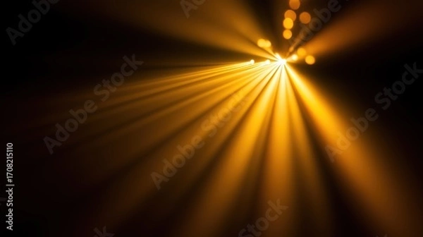 Fototapeta form. Dramatic golden light beams shining through darkness, creating an abstract bokeh effect. event key visuals, club posters, designed for sports event promotions and stadium branding.