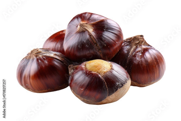 Fototapeta Chestnut nuts PNG, white isolated background. Healthy superfood nut snack. Nutritious, natural, organic food, flavour, cooking ingredient, vitamin mineral source