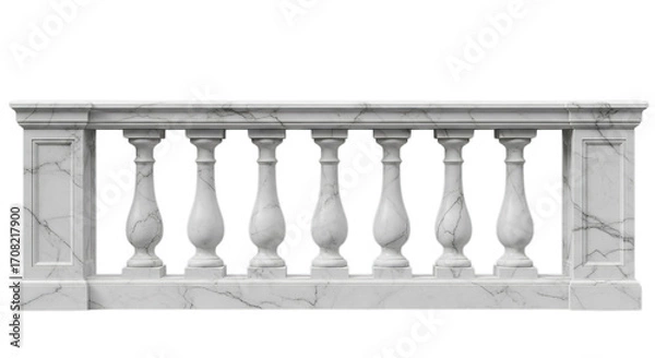 Fototapeta Front view of a luxurious classic white marble balustrade. An ornate stone banister perfect for architectural design, isolated on a seamless white background