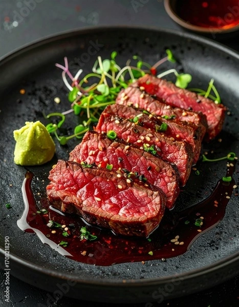 Obraz Zartes Wagyu-Steak, fein aufgeschnitten, serviert auf einem dunklen Teller