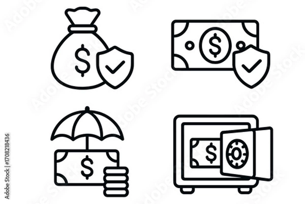 Fototapeta Money insurance and financial protection icon set. Vector outline style symbols for savings, investment security, wealth management, asset safety, and financial guarantee.