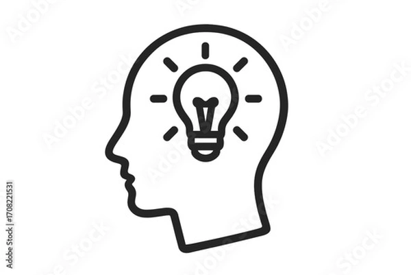 Fototapeta Minimalistic light bulb icon inside human head silhouette, creative idea concept, innovation symbol, brainstorming and thinking, vector cartoon illustration with transparent background