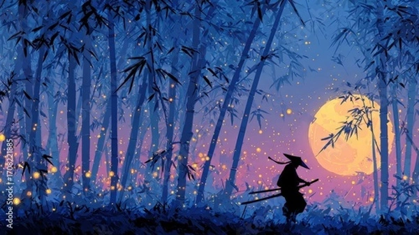 Fototapeta A lone samurai stands in a bamboo forest under a glowing moon, with fireflies illuminating the scene