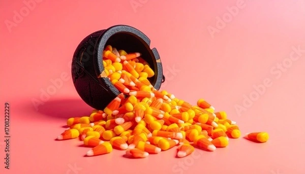 Obraz A pile of candy corn spilling from a cracked cauldron glowing neon background in shades of pink and orange
