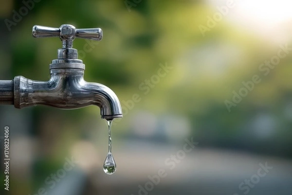 Fototapeta Water Conservation: Close-up of a Dripping Faucet Emphasizing Water Waste and the Importance of Saving Water