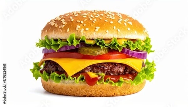 Fototapeta Mouthwatering cheeseburger with fresh ingredients, perfect for food and restaurant themes.