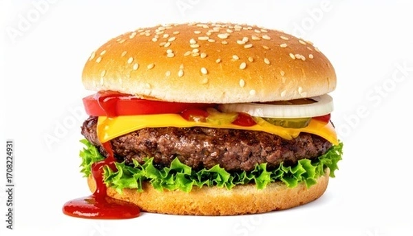 Fototapeta Mouthwatering cheeseburger with fresh toppings and a sesame seed bun, perfect for fast food and culinary themes.