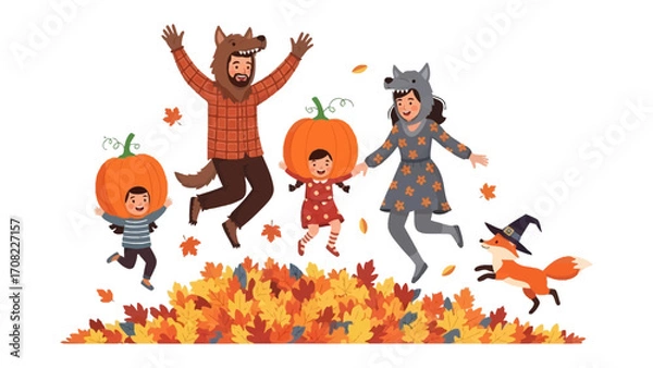 Fototapeta Family's Autumn Fantasy: A family jumps for joy amidst a vibrant pile of autumn leaves, donned in playful costumes. The image captures the essence of fall festivities and joyous togetherness.