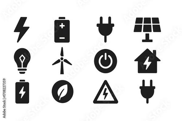 Fototapeta Electricity and energy icon set featuring vector glyphs of lightning bolts, batteries, plugs, solar panels, wind turbines, power sources, renewable energy, and electrical safety in black silhouette 