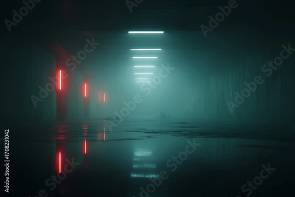 Obraz Futuristic underground corridor with red neon lights and fog