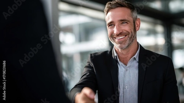 Fototapeta Smiling Businessman Shaking Hands in a Modern Office Setting, Highlighting Professionalism, Collaboration, and Cheerful Workplace, Concept of Corporate Partnerships, Leadership, and Business Relations