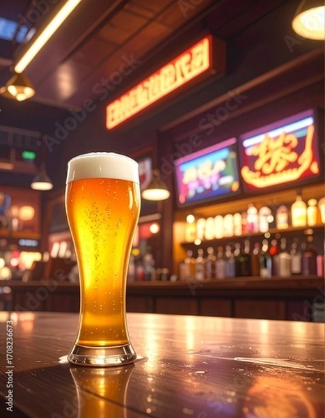 Fototapeta a glass of beer with colorful, set on a neon