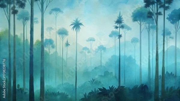 Obraz Abstract stylized silhouette of a lush dense forest in cool teal and blue hues