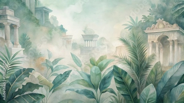 Obraz Surreal architectural collage vintage fragments lush greenery ethereal light dreamscape ambiance