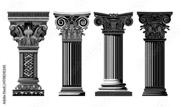 Fototapeta Four antique column designs.  Black and white illustration of classic architectural pillars with intricate capitals and bases.  Different styles of ornamentation are clearly displayed