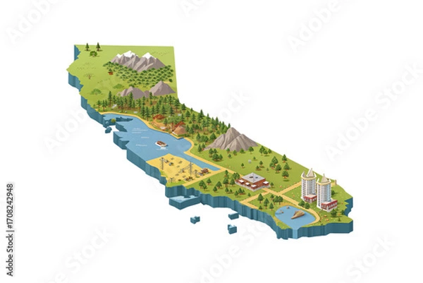 Fototapeta California isometric 3D map showing mountains forests cities coastline agricultural valleys energy infrastructure, isolated on a transparent background