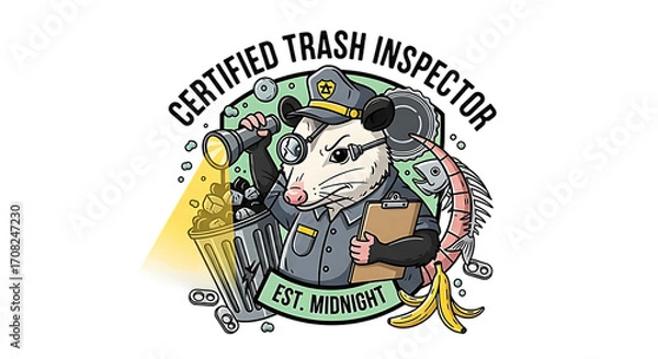 Fototapeta "Funny Possum Police Illustration – Certified Trash Inspector with Flashlight, Clipboard, and Garbage Scene"