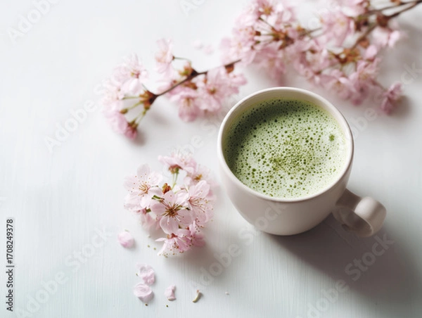 Obraz Matcha Latte with Sakura Blossoms
