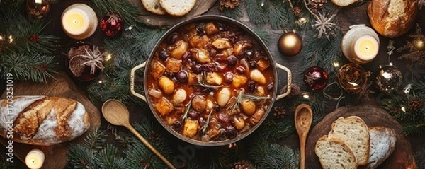 Fototapeta A festive Christmas table with a traditional stew filled with beans, tofu, vegetables and winter herbs, surrounded by holiday decorations and candles.