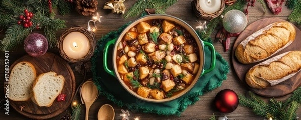 Fototapeta A festive Christmas table with a traditional stew filled with beans, tofu, vegetables and winter herbs, surrounded by holiday decorations and candles.