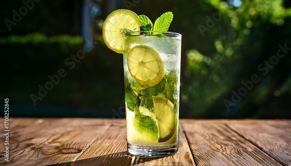 Fototapeta a tall glass of refreshing lemonade with ice and a lime wedge garnished with fresh mint sits on a wooden table