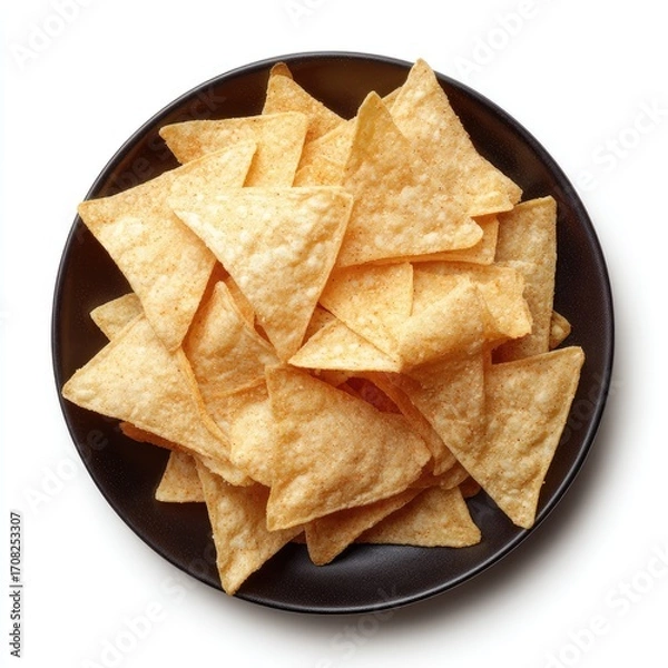 Fototapeta A dark-colored plate filled with many triangular tortilla chips.  The chips are a light golden-tan color and appear crispy.  Overhead shot on a white background