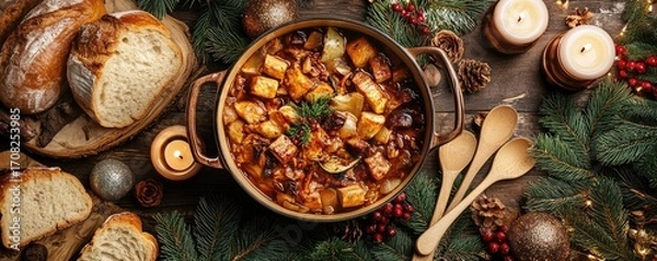 Fototapeta A festive Christmas table with a traditional stew filled with beans, tofu, vegetables and winter herbs, surrounded by holiday decorations and candles.
