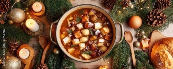 Fototapeta A festive Christmas table with a traditional stew filled with beans, tofu, vegetables and winter herbs, surrounded by holiday decorations and candles.