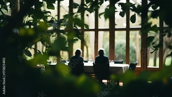 Fototapeta Silhouetted figures stand before a large window in a dimly lit room framed by lush green foliage