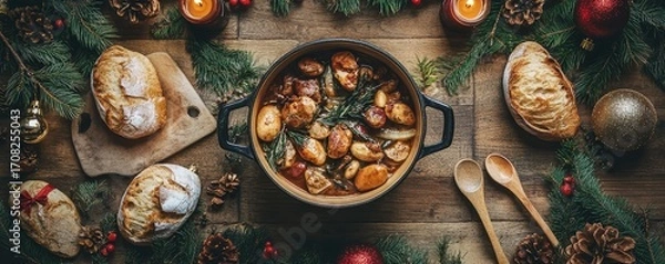 Fototapeta A festive Christmas table with a traditional stew filled with beans, tofu, vegetables and winter herbs, surrounded by holiday decorations and candles.