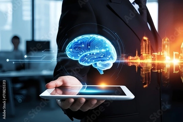 Fototapeta Businessman holding a tablet displaying a glowing blue digital brain symbolizing artificial intelligence and future technology