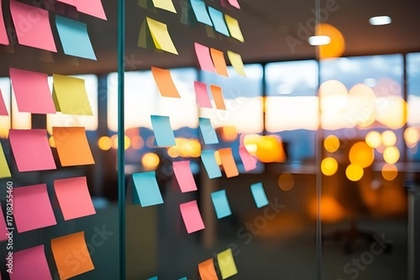 Fototapeta Colorful sticky notes adorn a glass wall reflecting a vibrant sunset in a modern office space