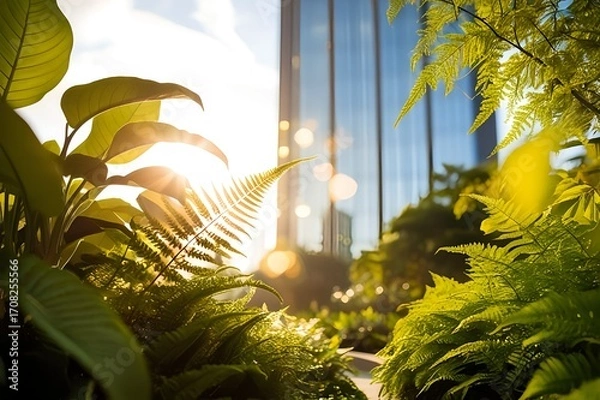 Fototapeta Vibrant green foliage bathed in warm sunlight with a modern glass building reflecting the sky in the background