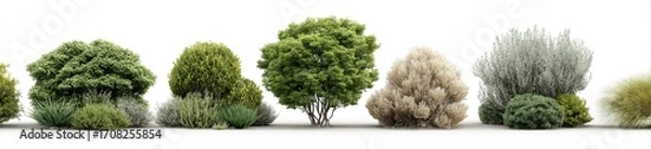 Obraz Variety of bushes and small trees against a white background